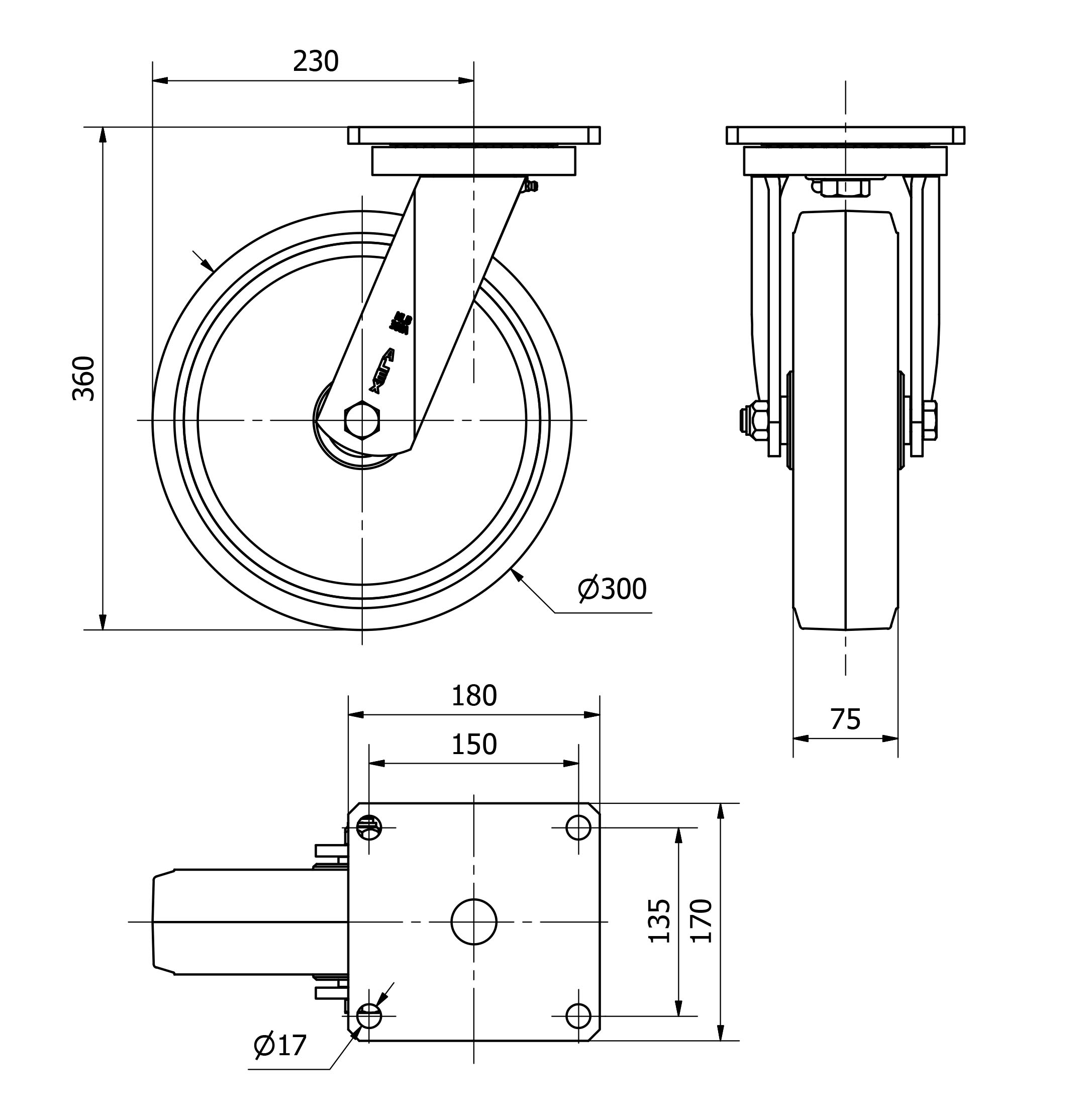 R.GIR.PLACA(ANCHA)10HLB300A-HGB HIERRO-GOMA NEGRA NATURAL EJE BOLAS