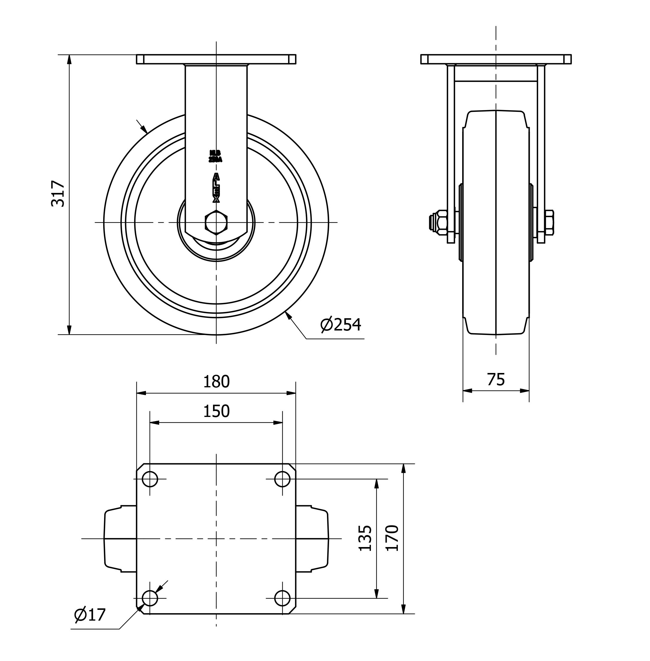 R.FIJA(ANCHA)17HLB250A-HGB HIERRO-GOMA NEGRA NATURAL EJE BOLAS