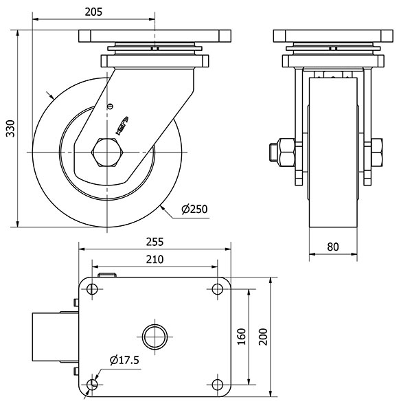 R.GIR.PLACA 10HLR250-NFB NYLON FUNDIDO EJE BOLAS