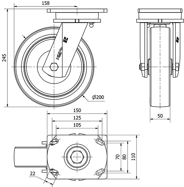 R.GIR.PLACA 10SLR200-PO NYLON BLANCO-POLIUR.ROJO EJE LISO