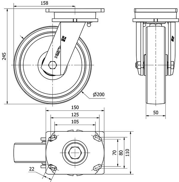 R.GIR.PLACA 10SLR200-FT NYLON BLANCO EXTRAFUERTE EJE LISO
