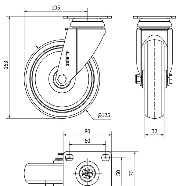 R.GIR.PLACA 10BHA125-PGZN POLIAMIX-GOMA GRIS INYECT.EJE LISO