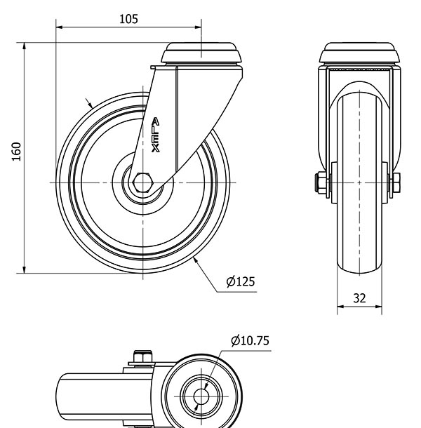R.GIR.AGUJERO M10 20BHA125-PGZN POLIAMIX-GOMA GRIS INYECT.EJE LISO