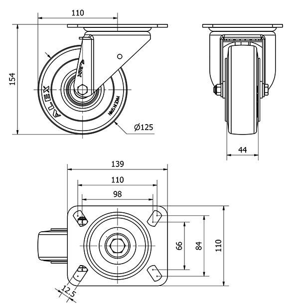 R.GIR.PLACA 10TVC125-TPGB NYLON NEGRO-GOMA NEGRA EJE BOLAS