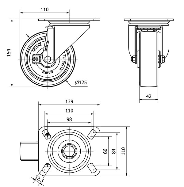R.GIR.PLACA 10TVC125-PO NYLON BLANCO-POLIUR.ROJO EJE LISO
