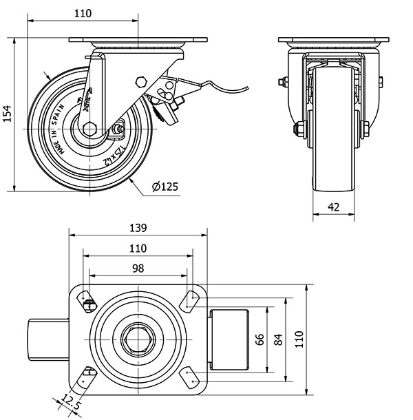 R.GIR.PLACA FRENO 10TVCFD125-PO NYLON BLANCO-POLIUR.ROJO EJE LISO