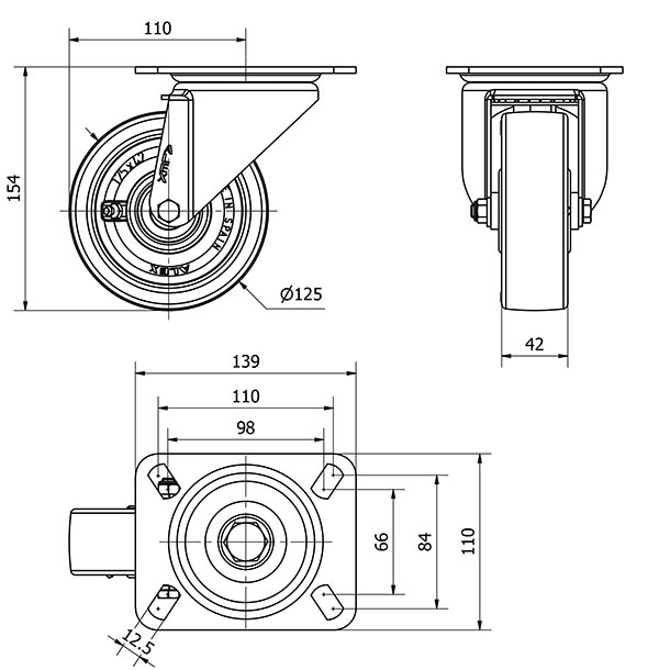 R.GIR.PLACA 10TVC125-POB NYLON BLANCO-POLIUR.ROJO EJE BOLAS
