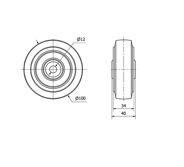 RUEDA PGR100-12-40 GOMA ELASTICA GRIS EJE RODILLOS