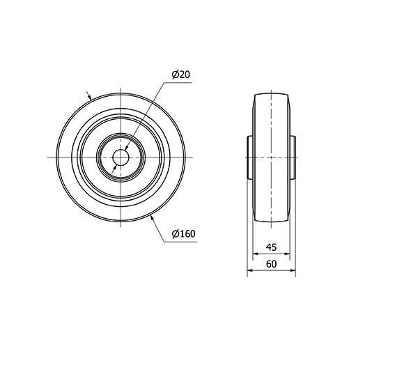 RUEDA PGR160-20-60 GOMA ELASTICA GRIS EJE RODILLOS