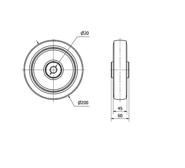 RUEDA PGR200-20-60 GOMA ELASTICA GRIS EJE RODILLOS