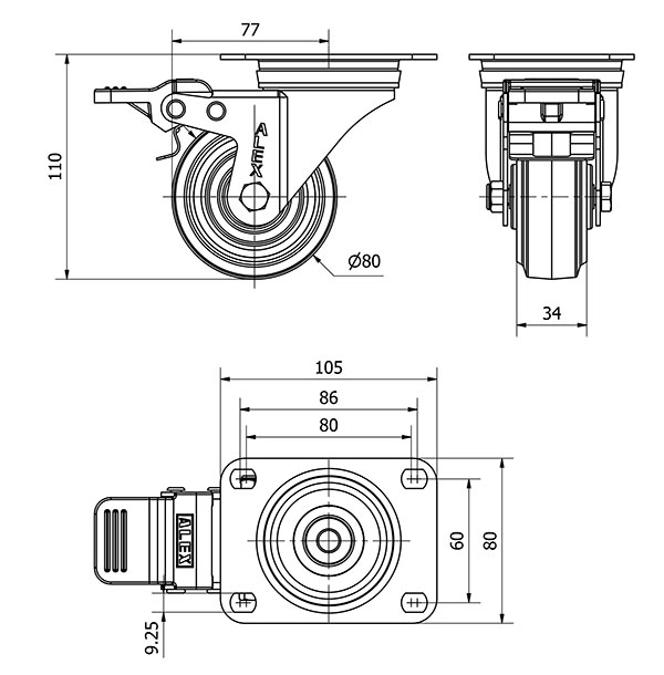 R.GIR.PLACA FRENO 10ZVLFD80-PGR GOMA ELASTICA GRIS EJE RODILLOS
