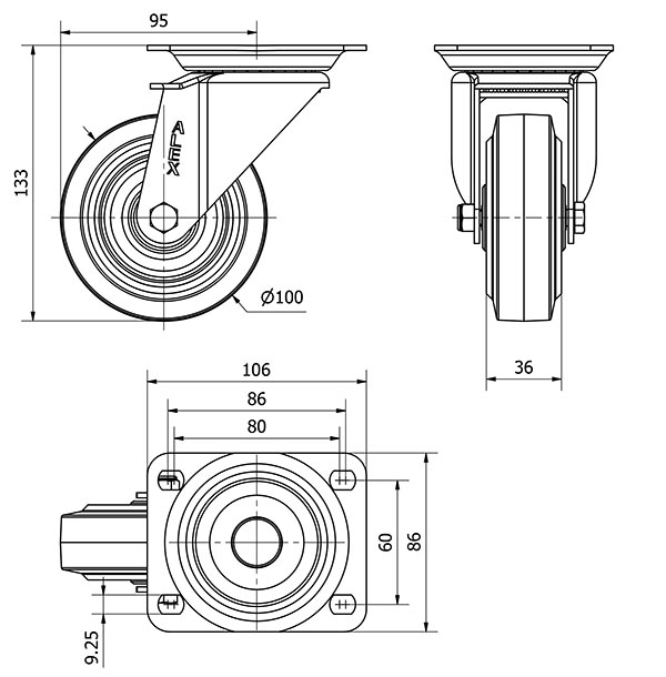 R.GIR.PLACA 10ZV100-PGR GOMA ELASTICA GRIS EJE RODILLOS