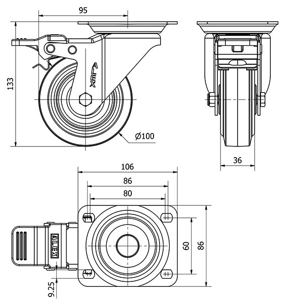 R.GIR.PLACA FRENO 10ZVFD100-PGR GOMA ELASTICA GRIS EJE RODILLOS