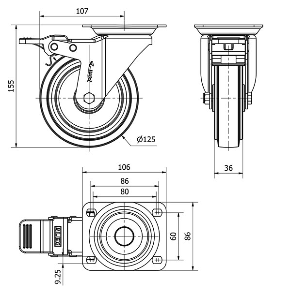 R.GIR.PLACA FRENO 10ZVFD125-PGR GOMA ELASTICA GRIS EJE RODILLOS