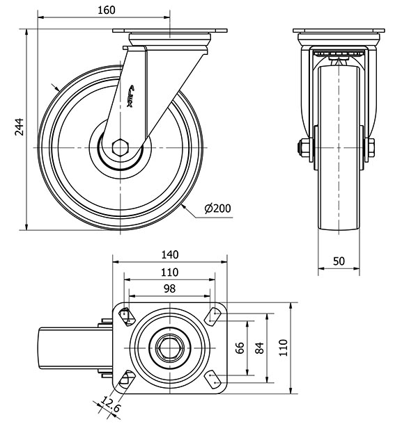 R.GIR.PLACA 4mm 10ZVR200-FT NYLON BLANCO EXTRAFUERTE EJE LISO