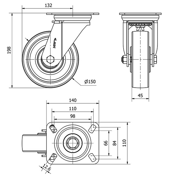 R.GIR.PLACA 4mm 10ZVR150-FTB NYLON BLANCO EXTRAFUERTE EJE BOLAS