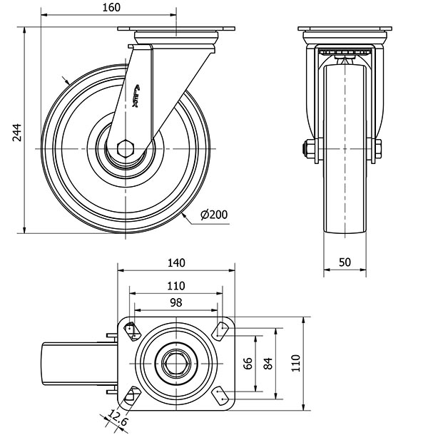 R.GIR.PLACA 4mm 10ZVR200-FTB NYLON BLANCO EXTRAFUERTE EJE BOLAS
