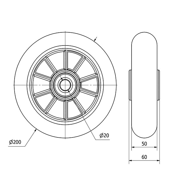 RUEDA AUAB200-20-50 NUCLEO ALUM.Y BANDA POLIUR.NARANJA BOLAS BALONA