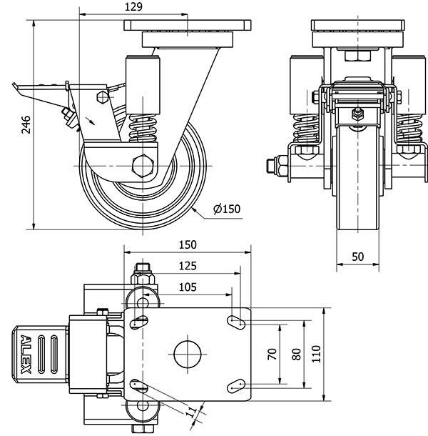 R.GIR.PLACA FR.10HLSEFN150-HUB SUSPENSION HIERRO-POLIUR.NARANJ.BOLAS