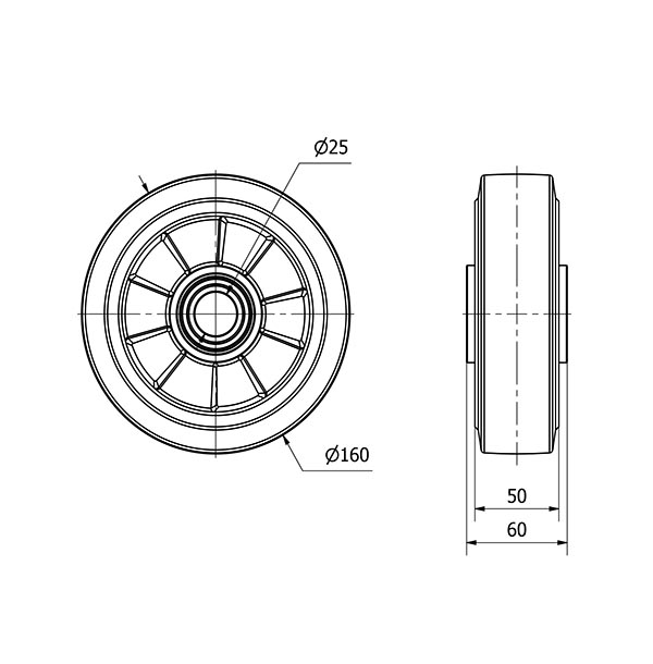 RUEDA DEB160-25-60 NUCLEO ALUMINIO Y BANDA GOMA NEGRA ELASTICA BOLAS