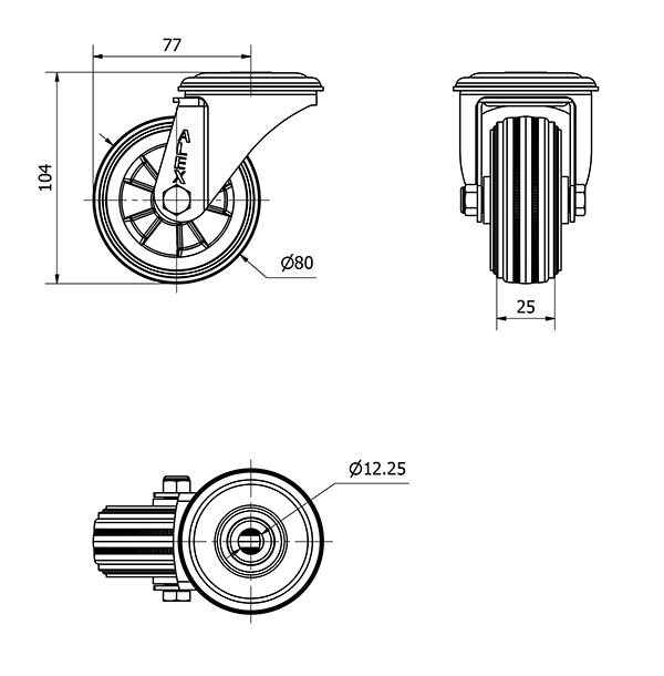 R.GIR.AGUJERO M12 20ZVL80-PSN POLIAMIX-GOMA NEGRA EJE LISO