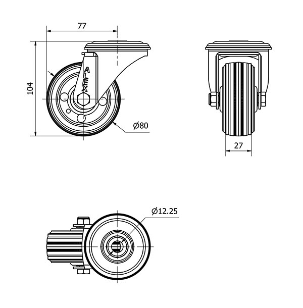 R.GIR.AGUJERO M12 20ZVL80-BSR METALICO-GOMA NEGRA RODILLOS