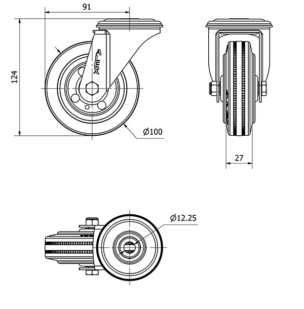R.GIR.AGUJERO M12 20ZVL100-BSR METALICO-GOMA NEGRA RODILLOS
