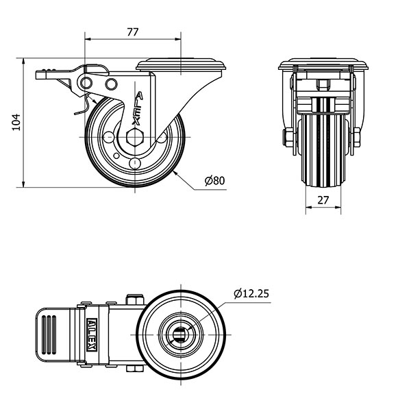 R.GIR.AGUJERO M12 FRENO 20ZVLFD80-BSR METALICO-GOMA NEGRA RODILLOS