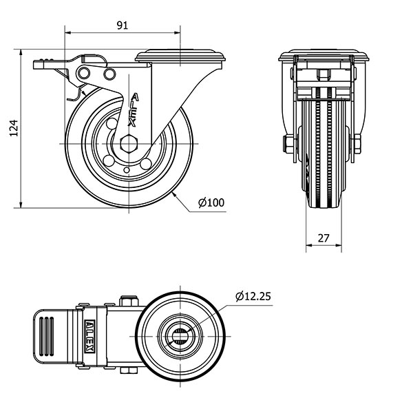 R.GIR.AGUJERO M12 FRENO 20ZVLFD100-BSR METALICO-GOMA NEGRA RODILLOS