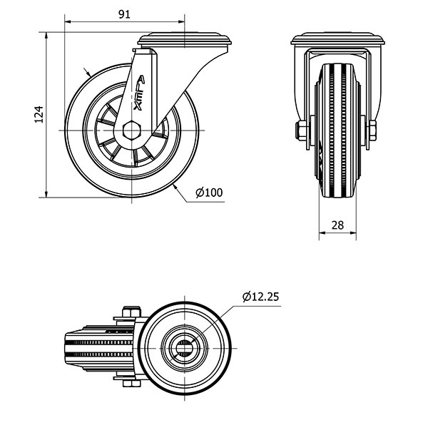 R.GIR.AGUJERO M12 20ZVL100-PSN POLIAMIX-GOMA NEGRA EJE LISO