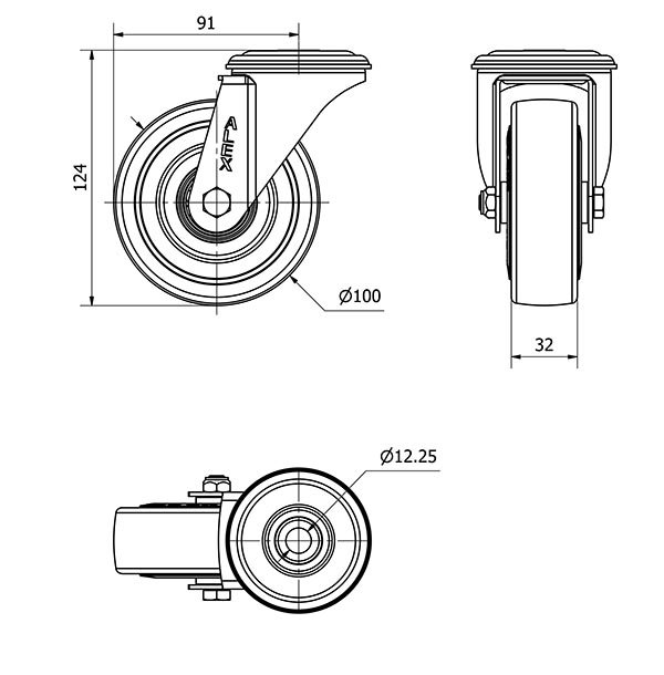 R.GIR.AGUJERO M12 20ZVL100CP-PGASB POLIAMIX-GOMA GRIS EJE BOLAS