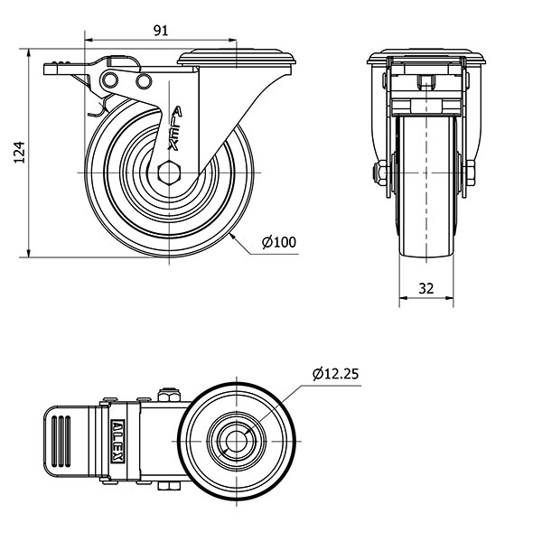 R.GIR.AGUJERO M12 FRENO 20ZVLFD100-PGAN POLIAMIX-GOMA GRIS EJE LISO