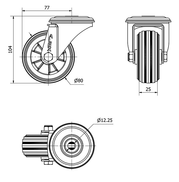R.GIR.AGUJERO M12 INOX.20ZVLI80-PSN POLIAMIX-GOMA NEGRA EJE LISO