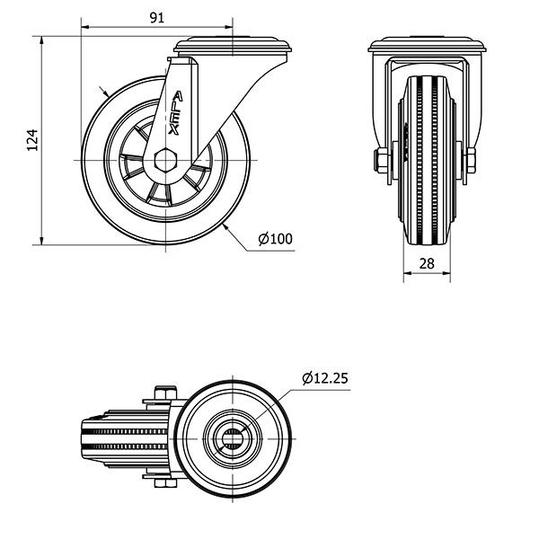 R.GIR.AGUJERO M12 INOX.20ZVLI100-PSN POLIAMIX-GOMA NEGRA EJE LISO