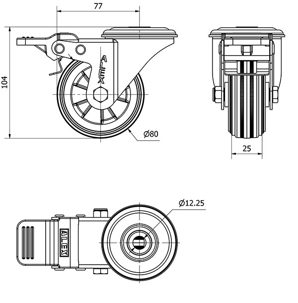 R.GIR.AGUJERO M12 FRENO INOX.20ZVLIFD80-PSN POLIAMIX-GOMA NEGRA LISO