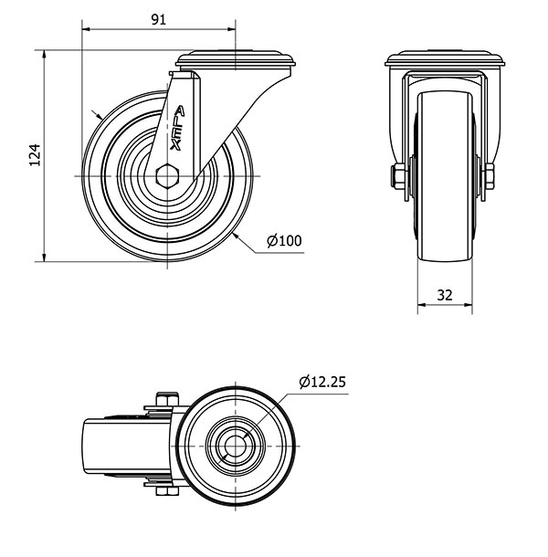 R.GIR.AGUJERO M12 INOX.20ZVLI100-PGAN POLIAMIX-GOMA GRIS EJE LISO