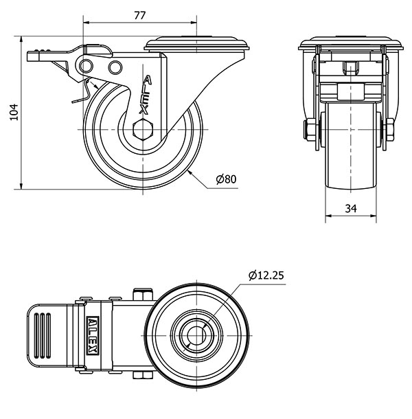 R.GIR.AGUJERO M12 FRENO INOX.20ZVLIFD80-UT POLIAMIX BLANCO EJE LISO