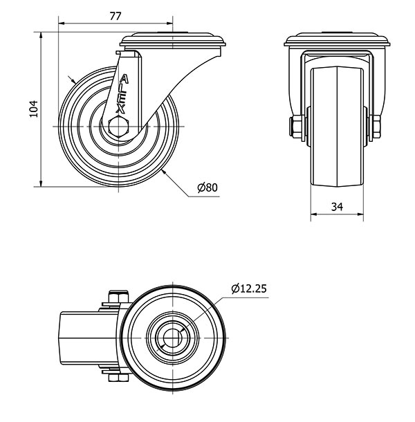 R.GIR.AGUJERO M12 INOX.20ZVLI80-TT RESINA NEGRA EJE LISO