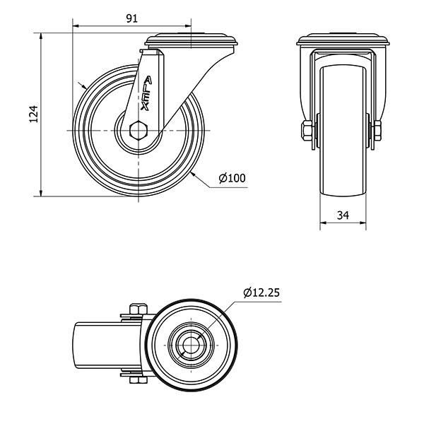 R.GIR.AGUJERO M12 INOX.20ZVLI100-TT RESINA NEGRA EJE LISO