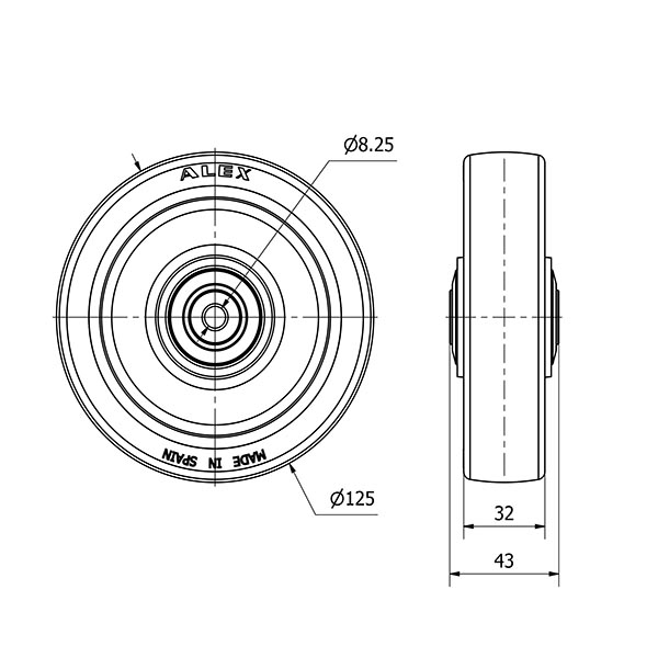 RUEDA POLSB125CP-8-40 NUCLEO POLIAMIX BLANCO Y BANDA POLIUR.MARR.BOL