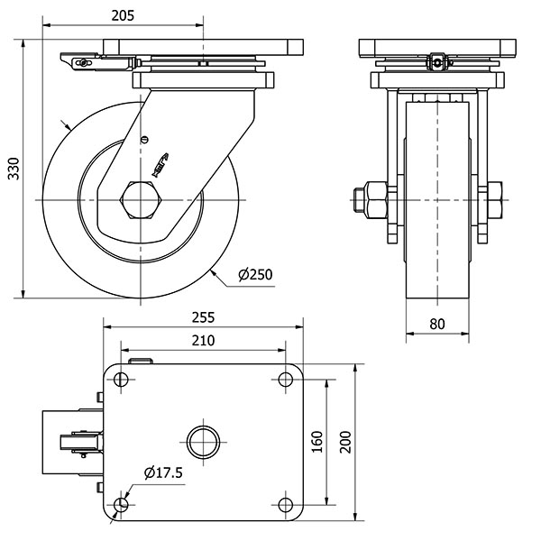 R.GIR.PLACA MEC.DIR.10HLRMD250-NFB NYLON FUNDIDO EJE BOLAS