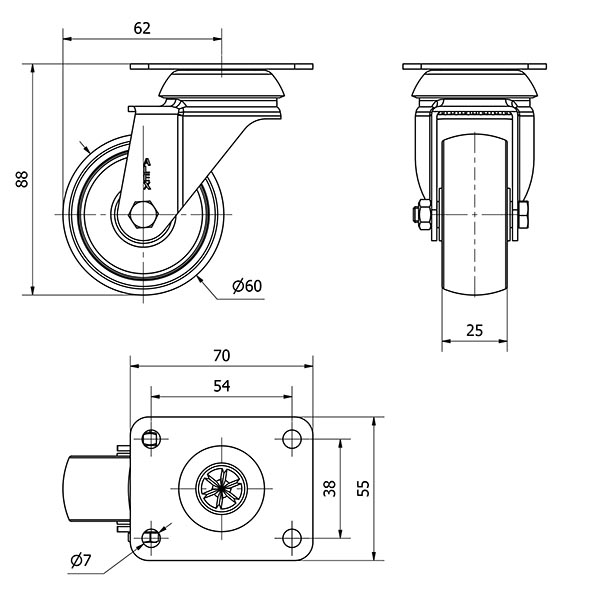 R.GIR.PLACA INOX.10BHI60-BP PLASTICO BLANCO EJE LISO