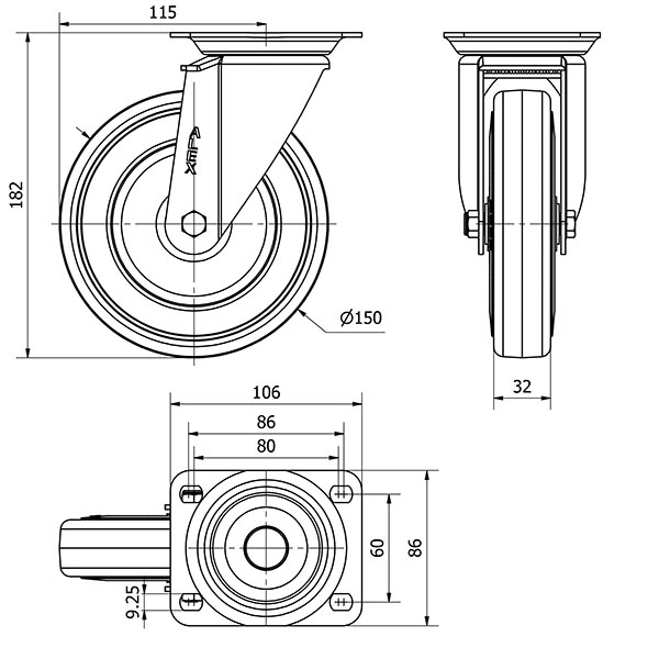 R.GIR.PLACA 10ZVL150-PGAN POLIAMIX-GOMA GRIS EJE LISO