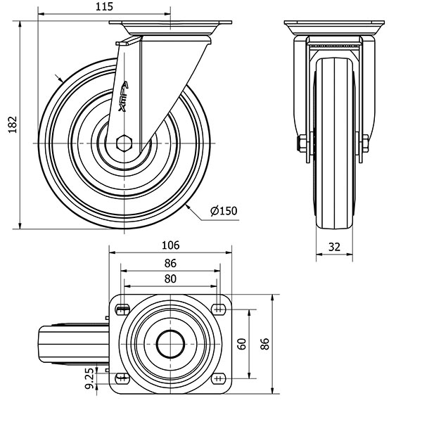 R.GIR.PLACA 10ZVL150CP-PGASB POLIAMIX-GOMA GRIS EJE BOLAS