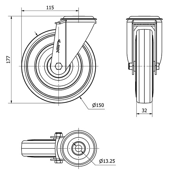 R.GIR.AGUJERO M12 20ZVL150CP-PGASB POLIAMIX-GOMA GRIS EJE BOLAS