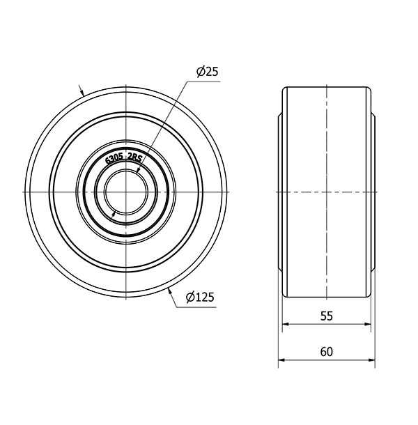 RUEDA NFB125-25-60 NYLON FUNDIDO EJE BOLAS
