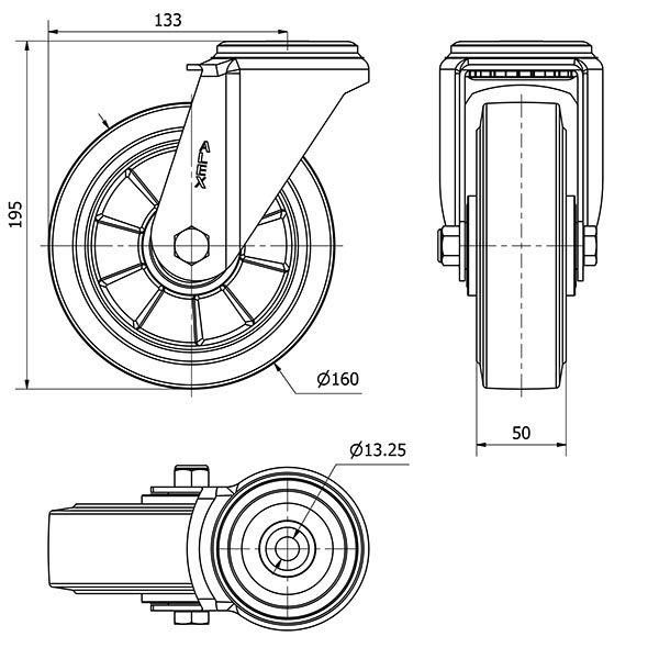 R.GIR.AGUJERO M12 20ZV160-DEGB ALUMINIO-GOMA GRIS ELASTICA EJE BOLAS