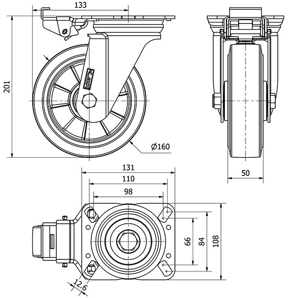 R.GIR.PLACA MEC.DIR.10ZVMD160-DEGB ALUMINIO-GOMA GRIS ELASTICA BOLAS