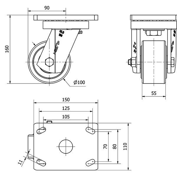 R.GIR.PLACA (ANCHA) 10HLB100A-NFB NYLON FUNDIDO EJE BOLAS