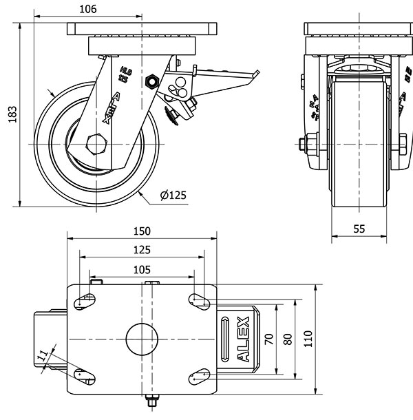 R.GIR.PLACA FRENO (ANCHA) 10HLBFD125A-NFB NYLON FUNDIDO EJE BOLAS